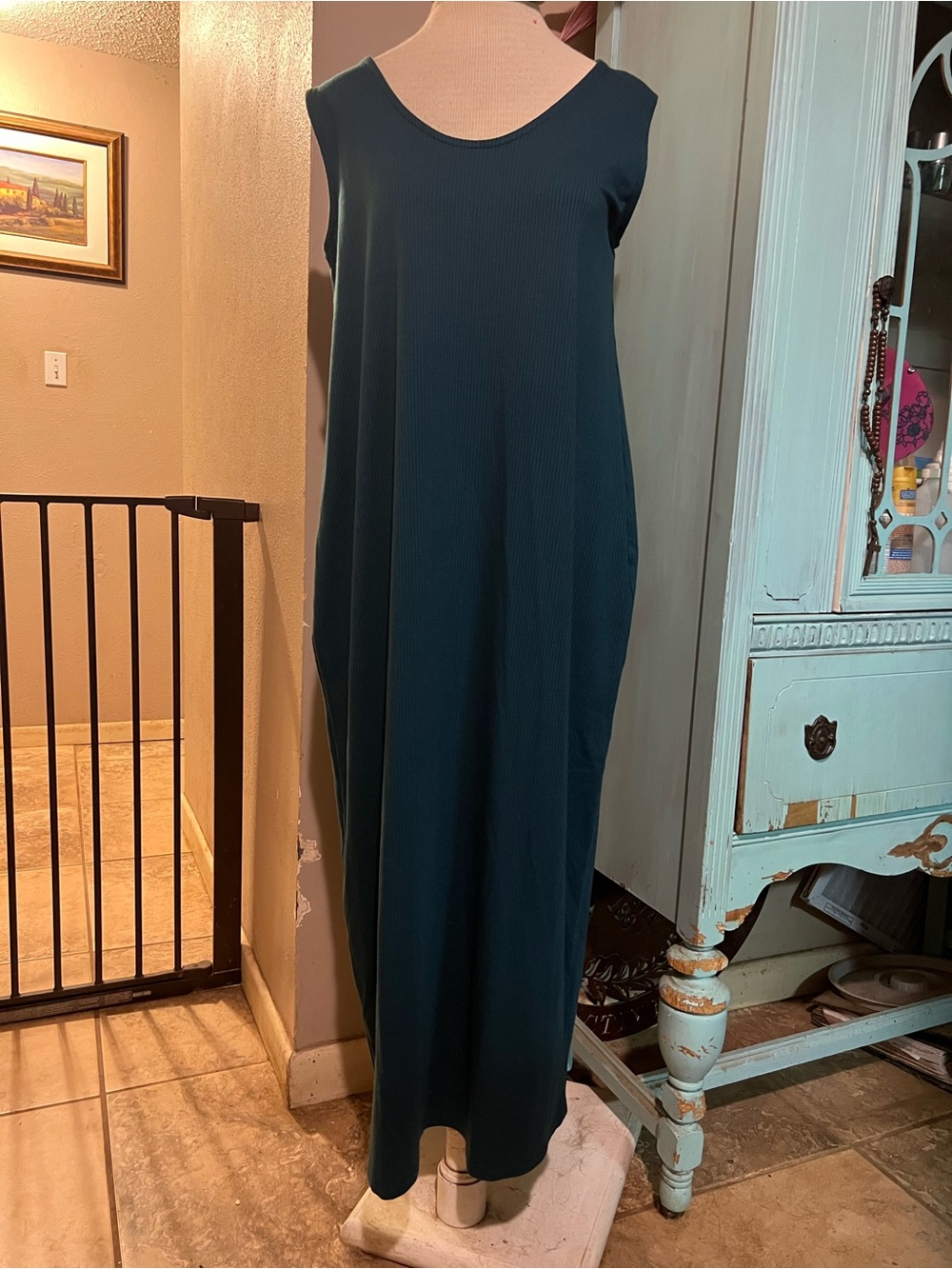 Eileen Fisher Ribbed Teal Green Sleeveless Sheath Dress Size Small Back Slit